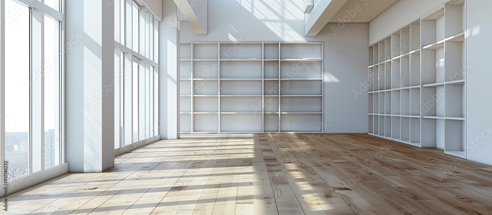 Poster interior of spacious room with empty shelves and wooden floor in modern apartment. copy space image.