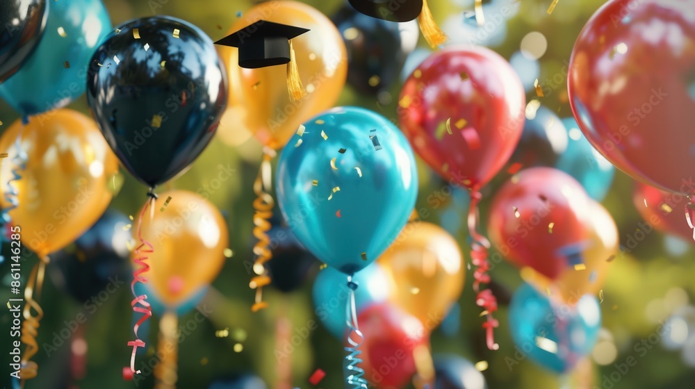 Poster a close-up image of colorful balloons with graduation caps floating against a backdrop of confetti a