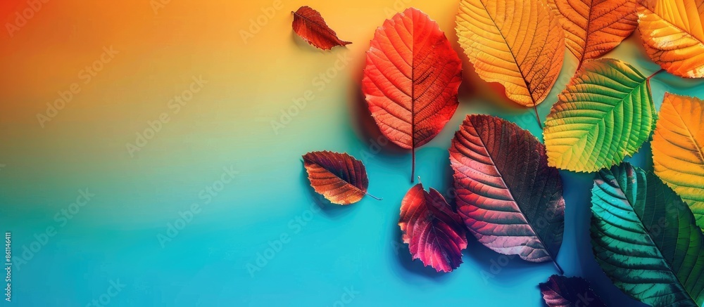 Poster autumn leafs colorful rainbow color gradient summer autumn season change concept. copy space image. 