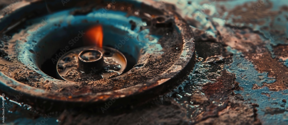 Poster dirty gas burner close up. copy space image. place for adding text and design