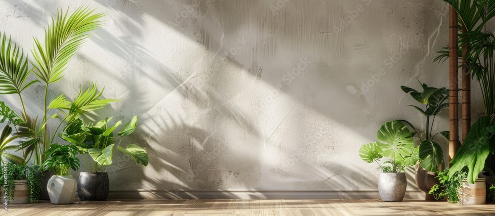 Poster indoor image of foliage plants and pots. copy space image. place for adding text and design