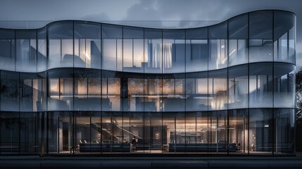 Modern office building with a wave-patterned glass facade