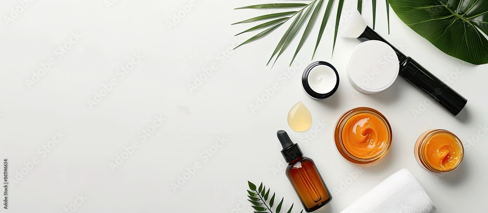 Poster top view of different cosmetics products on the white background. copy space image. place for adding