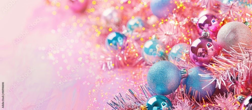 Poster new year's background. tinsel and christmas balls pastel background. copy space image. place for add