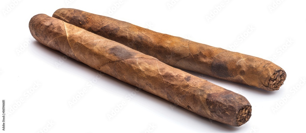 Poster pair of handmade cigars tobacco torpedo shape isolated on white. copy space image. place for adding 