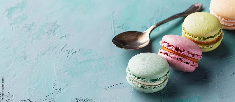 Poster macarons in a spoon on slate pastel background food. copy space image. place for adding text and des