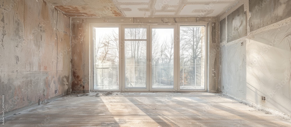 Poster interior of an apartment room with bare walls and ceiling under construction. copy space image. plac