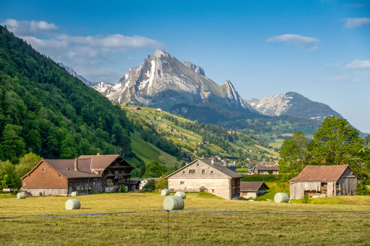 Residential houses on agricultural field near Santis mountain in Switzerland