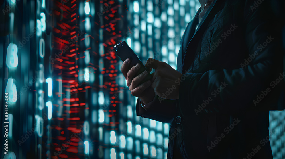 Poster cybersecurity and privacy concepts to protect data. businessman use smartphone with cyber security t