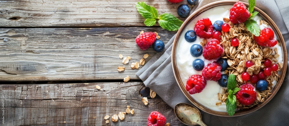 Aufkleber bowl of homemade granola with yogurt and fresh berries on wooden background from top view. copy spac