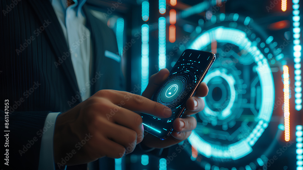 Poster cybersecurity and privacy concepts to protect data. businessman use smartphone with cyber security t