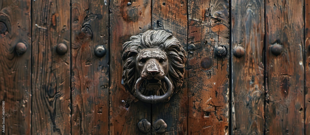 Poster metal handle in the form of a lion on wooden door. copy space image. place for adding text and desig