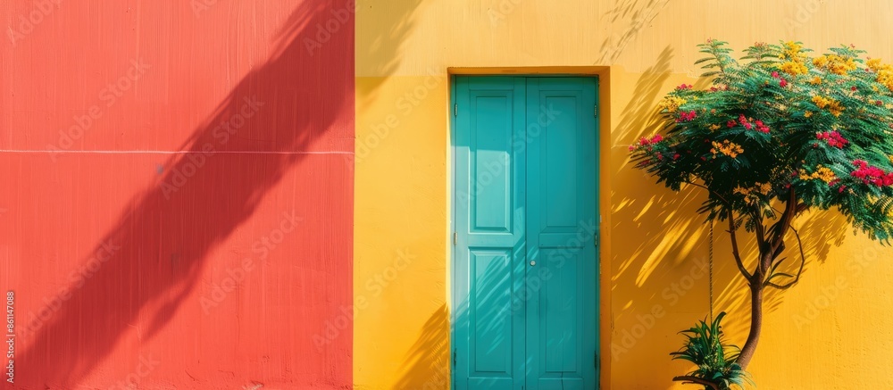 Aufkleber project of exterior colored door. copy space image. place for adding text and design