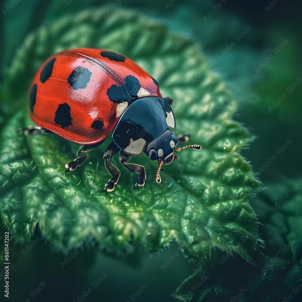 Poster vibrant red ladybug resting on green leaf with intricate textures and patterns