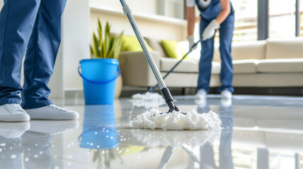 手袋を着けて床をモップがけしている様子