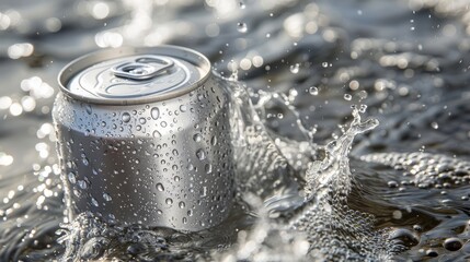 Aluminum cans. Empty can with water splashing on a light gray background.