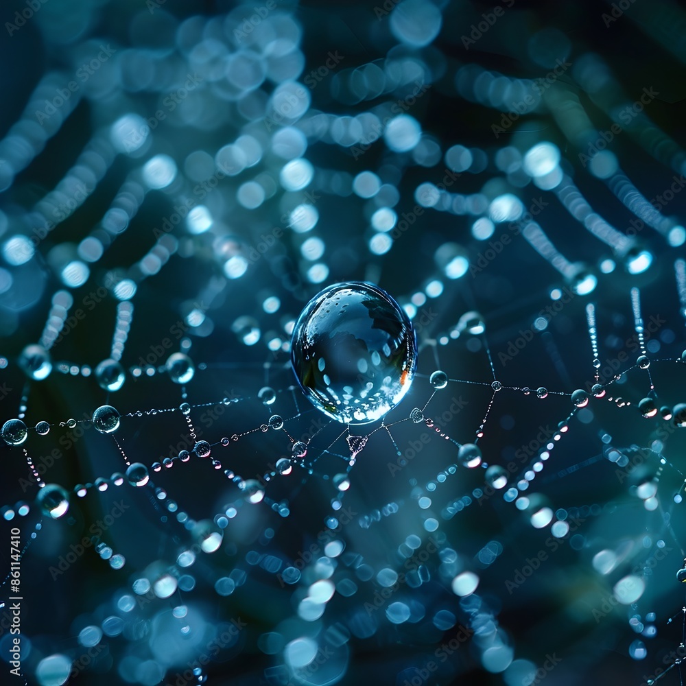 Poster ethereal macro photograph of raindrop on spider web with intricate reflections
