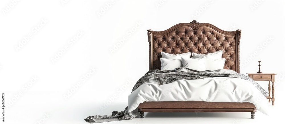 Poster classic double bed with big headboard isolated on white. copy space image. place for adding text and
