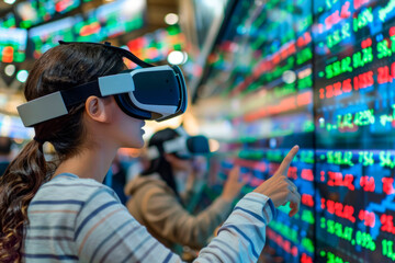 Traders using virtual reality headsets to analyze immersive stock market data --ar 3:2 Job ID: af0811ff-e306-476a-acd1-2cecabf0036c