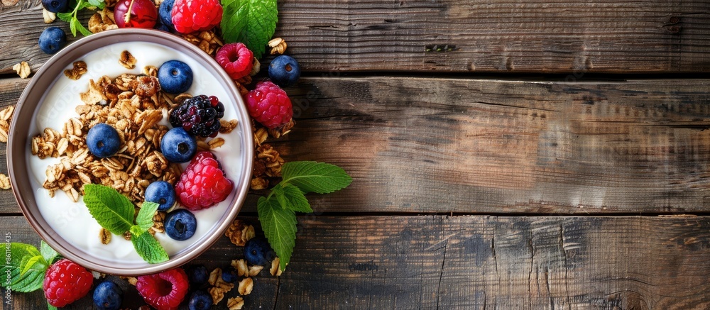 Poster bowl of homemade granola with yogurt and fresh berries on wooden background from top view. copy spac
