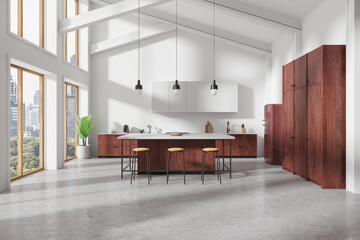 Home kitchen interior with bar island and cooking cabinet, panoramic window