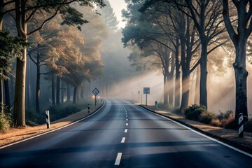 Misty road flanked by trees and signs on a foggy day