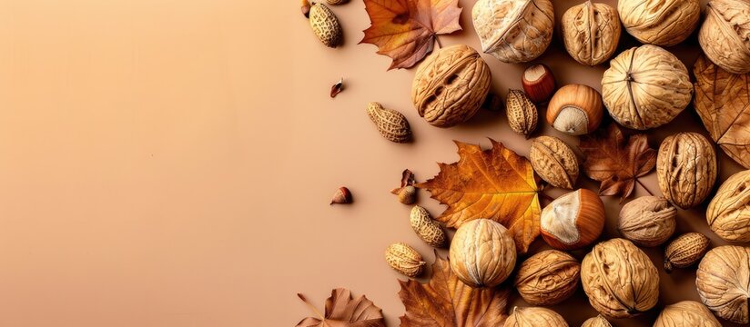 nuts pastel background Food  Isolated  transparent  Autumn. Copy space image. Place for adding text and design
