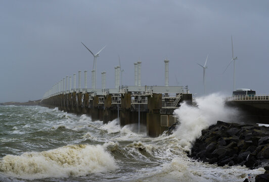 Storm hitting Oosterscheldekering dams barrier in Netherlands