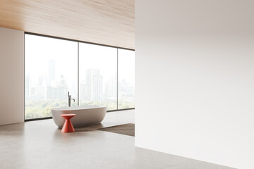 Luxury home bathroom interior with tub and side table, window. Mockup wall