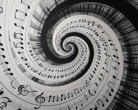 Monochromatic drawing of music notes forming a spiral,