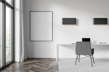 Modern home office with empty framed poster on a white wall, bright interior design with sunlight, mockup concept. 3D Rendering