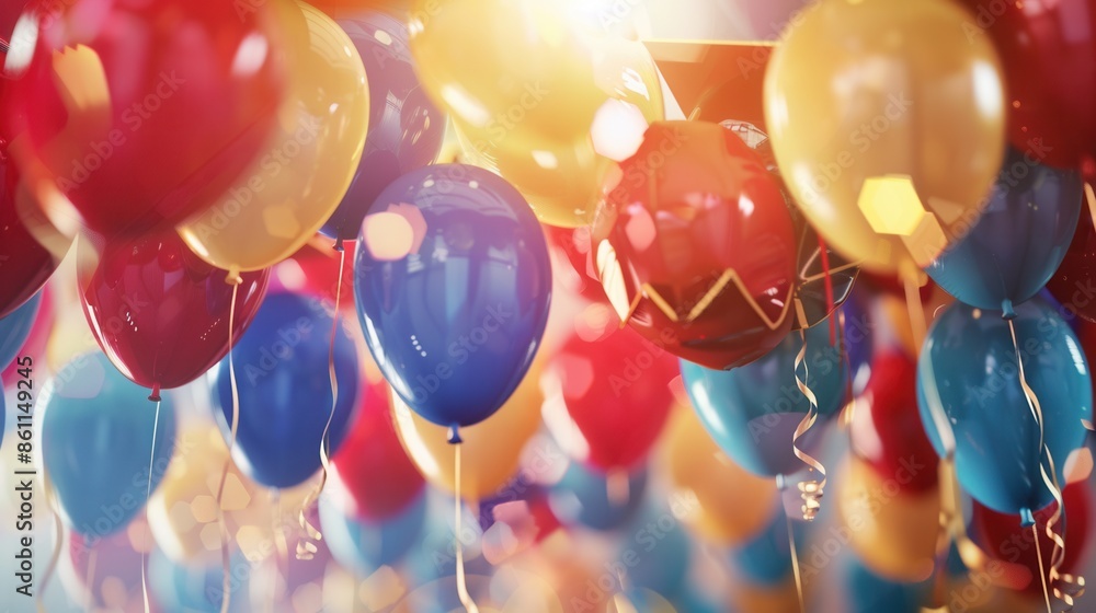 Poster a close-up shot of colorful balloons with congratulations messages and school symbols floating in th