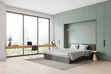 Cozy home bedroom interior with bed and workplace, panoramic window