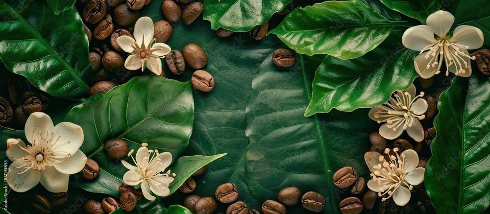 Poster mix of coffee beans and coffee tree blossom for background. copy space image. place for adding text 