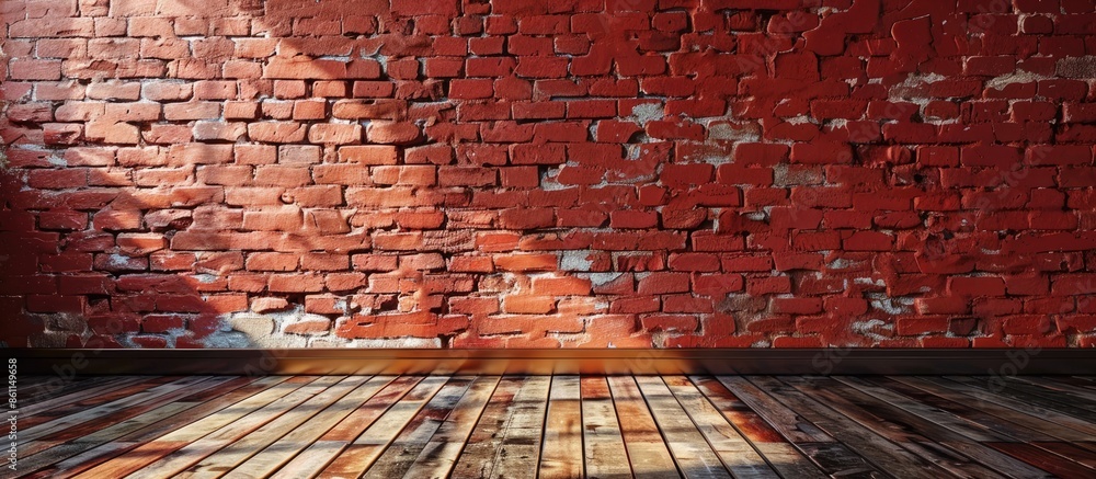 Poster room interior with red brick wall background. copy space image. place for adding text and design