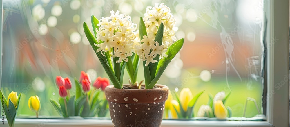 Aufkleber blooming three white hyacinth flowers and tulips in flowerpot on window sill. copy space image. plac