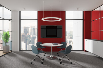 Modern office meeting room with blue chairs and a round table, large windows showcasing a cityscape, red walls, and elegant design. Concept of professional workspace. 3D Rendering
