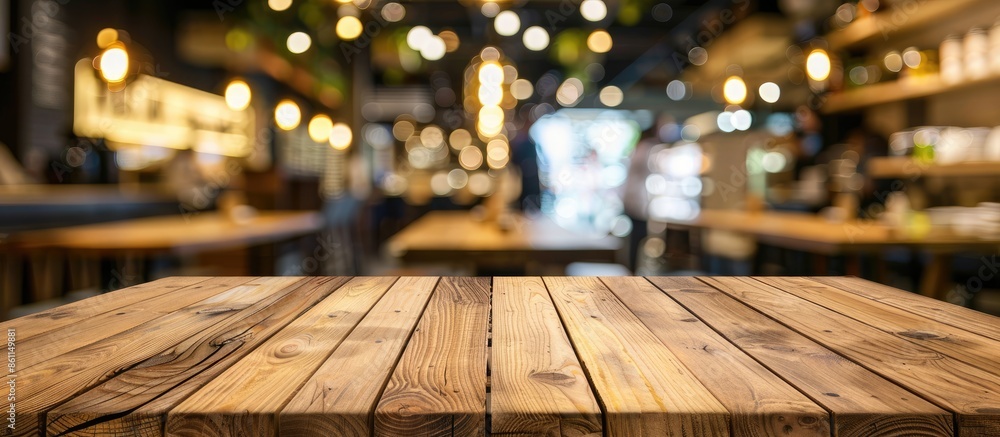 Sticker Wooden board empty table in front of blurred background. Perspective brown wood over blur in coffee shop. Copy space image. Place for adding text and design