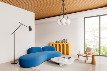 Bright home living room interior with armchair and sofa, decoration and window