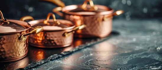 New copper cookware for professional kitchen close up. Copy space image. Place for adding text and design