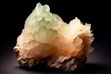 Stilbite is rare precious natural stone on black background. AI generated. Header banner mockup with space.