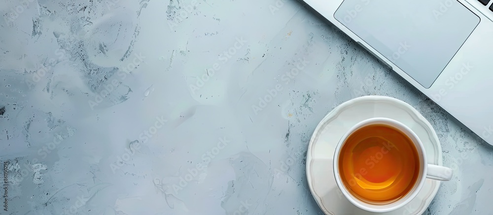 Poster workplace with cup of tea and laptop on table. copy space image. place for adding text and design