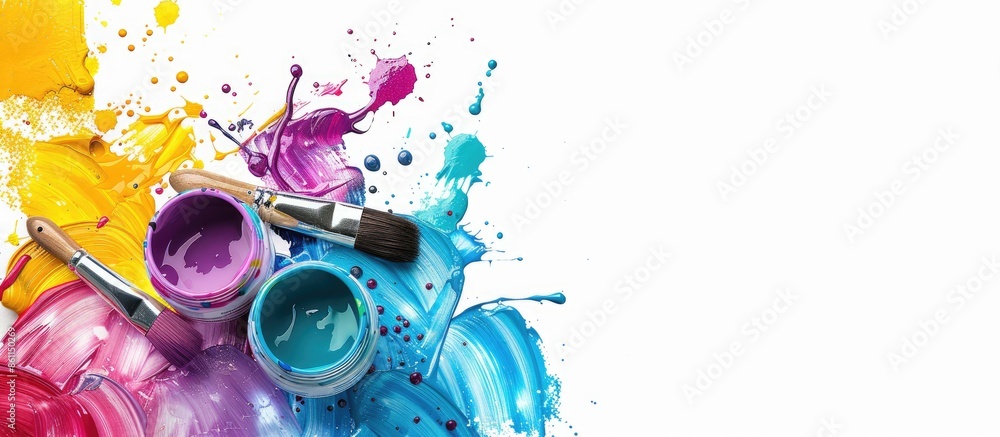 Poster paint pots and brushes isolated on white. copy space image. place for adding text and design