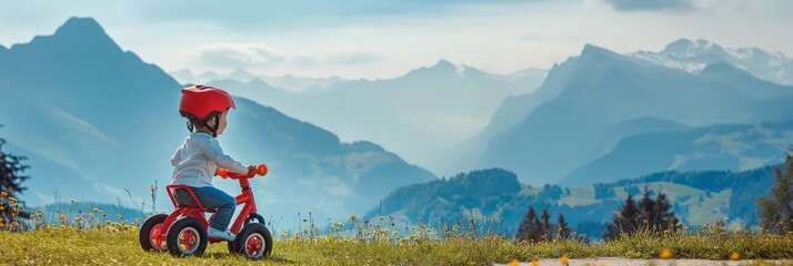 A toddler wearing a red helmet rides a tricycle on grass with an expansive, beautiful mountain range seen under a clear sky.