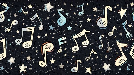 Cartoon print of music notes and stars,