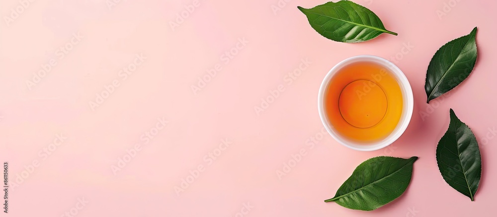 Poster Green tea with leaf Isolated on pastel background.  Food. Copy space image. Place for adding text and design