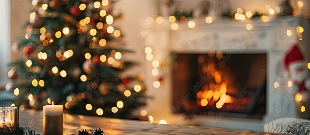 Poster beautiful christmas tree near fireplace indoors, blurred view. copy space image. place for adding te