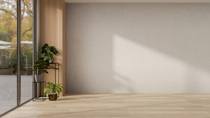 Interior design of a contemporary minimalist empty room features a parquet floor and a white wall.
