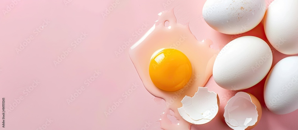 Poster white eggs, whole and broken egg half with a yolk isolated on a pastel background. copy space image.
