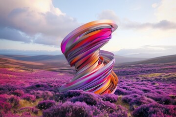 image of abstract multicoloured twisted shape levitating over landscape covered purple grass.